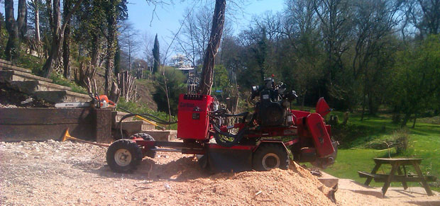 Red stump grinder situated on flat area, on pile of wood chips
