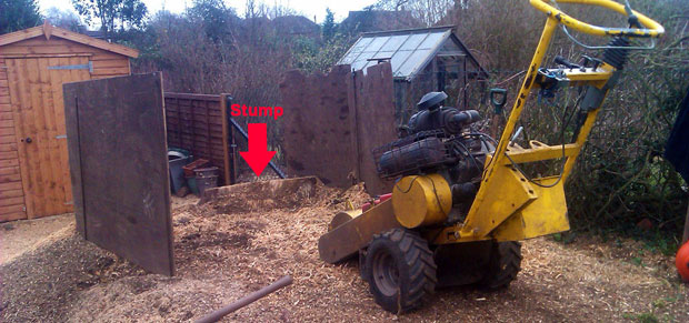 yellow stump grinder near stump in back yard